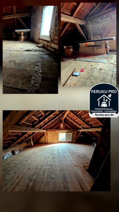 Dachboden mit Holzboden, schrägen Wänden und Fenstern, paar Werkzeugen und verstreuten Gegenständen.