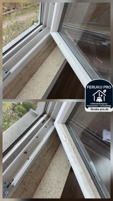 Fenster reinigung Fensterbank mit zwei Ansichten des Rahmens und der Fensteröffnung.